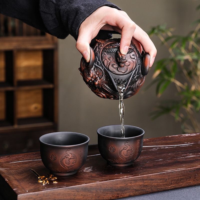 Korean Tea Set - Chinese purple pottery handmade pile carving