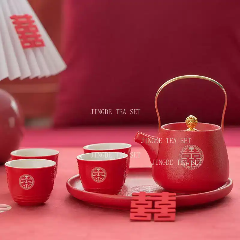 Korean Tea Set - Red Ceramic Double Happiness Tea Pot